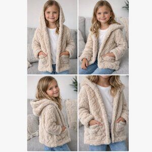Girls Beige Teddy Fleece Hooded Jacket Cozy Plush Cardigan Kids 6Y Soft Coat